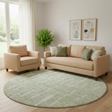 8' Artichoke Green And Ivory Vermicular Washable Round Rug With UV Protection