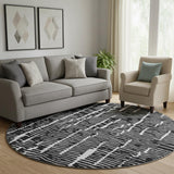 8' Black And Ivory Vermicular Washable Round Rug With UV Protection