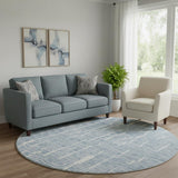 8' Blue And Ivory Vermicular Washable Round Rug With UV Protection