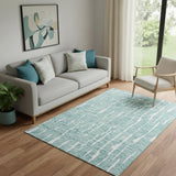 5' X 8' Teal And Ivory Vermicular Washable Area Rug With UV Protection