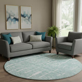 8' Teal And Ivory Vermicular Washable Round Rug With UV Protection