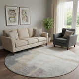 8' Gray Beige And Ivory Abstract Washable Round Rug With UV Protection