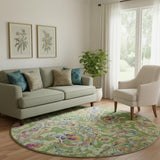 8' Fern Green Blue And Pink Paisley Washable Round Rug With UV Protection