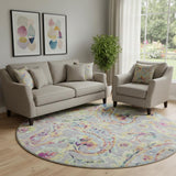 8' Gray Blue And Pink Paisley Washable Round Rug With UV Protection