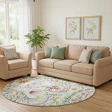 8' Ivory Blue And Pink Paisley Washable Round Rug With UV Protection