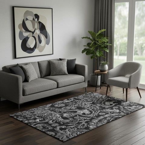 5' X 8' Black And Silver Paisley Washable Area Rug With UV Protection