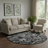 8' Black And Silver Paisley Washable Round Rug With UV Protection