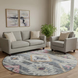 8' Gray Gold And Blush Southwestern Washable Round Rug With UV Protection
