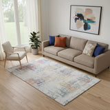 5' X 8' Ivory Blue And Gold Abstract Washable Area Rug With UV Protection