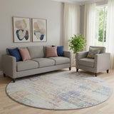8' Ivory Blue And Gold Abstract Washable Round Rug With UV Protection