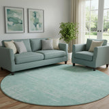8' Turquoise And Ivory Abstract Washable Round Rug With UV Protection