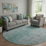 8' Teal And Gray Abstract Washable Round Rug With UV Protection