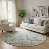 8' Beige And Gray Floral Washable Round Rug With UV Protection