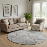 8' Gray And Silver Floral Washable Round Rug With UV Protection