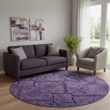 8' Eggplant And Gray Floral Washable Round Rug With UV Protection