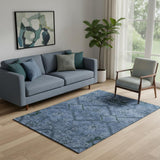 5' X 8' Navy Blue And Gray Floral Washable Area Rug With UV Protection