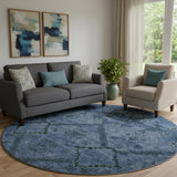 8' Navy Blue And Gray Floral Washable Round Rug With UV Protection