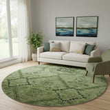 8' Olive Green And Gray Floral Washable Round Rug With UV Protection