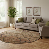 8' Rust And Copper Floral Washable Round Rug With UV Protection