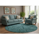 8' Teal And Gray Floral Washable Round Rug With UV Protection