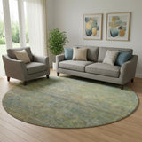 8' Green And Gold Abstract Washable Round Rug With UV Protection
