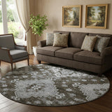 8' Chocolate Gray And Ivory Medallion Washable Round Rug With UV Protection