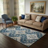 5' X 8' Navy Blue Ivory And Beige Medallion Washable Area Rug With UV Protection