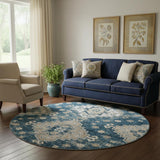 8' Navy Blue Ivory And Beige Medallion Washable Round Rug With UV Protection