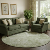 8' Artichoke Green And Ivory Medallion Washable Round Rug With UV Protection