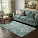 5' X 8' Aqua And Ivory Medallion Washable Area Rug With UV Protection