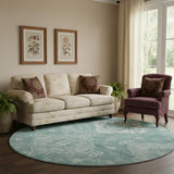 8' Aqua And Ivory Medallion Washable Round Rug With UV Protection