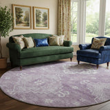 8' Lavender And Ivory Medallion Washable Round Rug With UV Protection