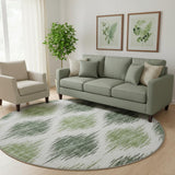 8' Fern Green And Ivory Ikat Washable Round Rug With UV Protection