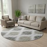 8' Taupe And Ivory Ikat Washable Round Rug With UV Protection