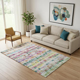 5' X 8' Green Purple And Orange Striped Washable Area Rug With UV Protection