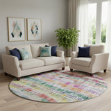 8' Green Purple And Orange Striped Washable Round Rug With UV Protection