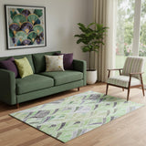 5' X 8' Green Purple And Ivory Geometric Washable Area Rug With UV Protection
