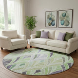 8' Green Purple And Ivory Geometric Washable Round Rug With UV Protection
