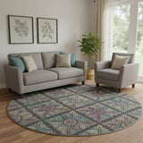 8' Black Purple And Teal Medallion Washable Round Rug With UV Protection