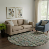 8' Fern Green Purple And Teal Medallion Washable Round Rug With UV Protection