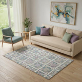 5' X 8' Ivory Purple And Teal Medallion Washable Area Rug With UV Protection