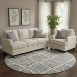 8' Ivory Purple And Teal Medallion Washable Round Rug With UV Protection