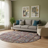 8' Rust Purple And Teal Medallion Washable Round Rug With UV Protection