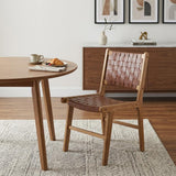 Set of Two Brown Solid Wood and Leather Dining Side Chairs