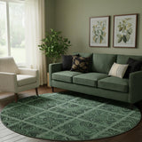 8' Green And Charcoal Medallion Washable Round Rug With UV Protection