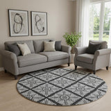 8' Black And Ivory Medallion Washable Round Rug With UV Protection