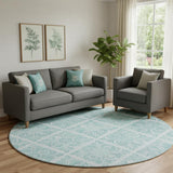 8' Turquoise And Ivory Medallion Washable Round Rug With UV Protection