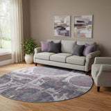 8' Purple Gray And Lavender Geometric Washable Round Rug With UV Protection