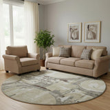 8' Tan Beige And Gray Geometric Washable Round Rug With UV Protection