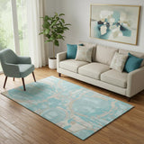 5' X 8' Teal Taupe And Beige Geometric Washable Area Rug With UV Protection